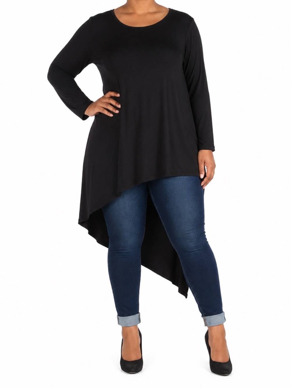 NWT 24seven Comfort Apparel Black Asymmetrical Tunic Top Long Sleeve High Low 1X